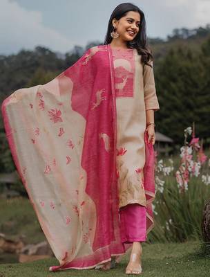 Cream zarna silk printed kurta pant set 1