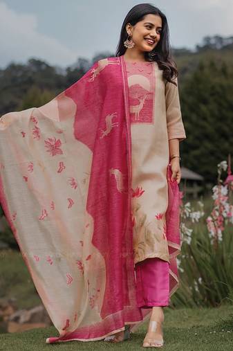 Cream zarna silk printed kurta pant set