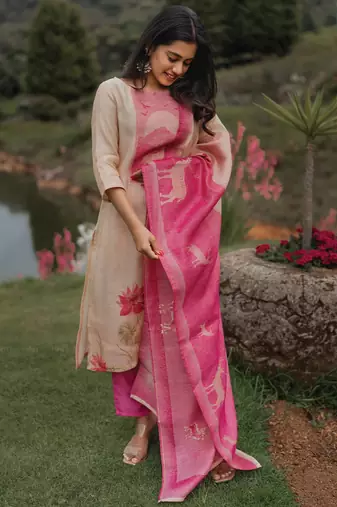 Cream zarna silk printed kurta pant set
