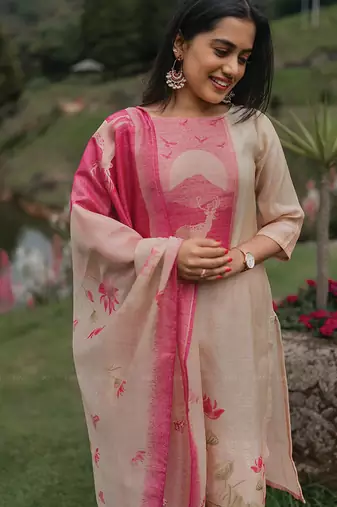 Cream zarna silk printed kurta pant set