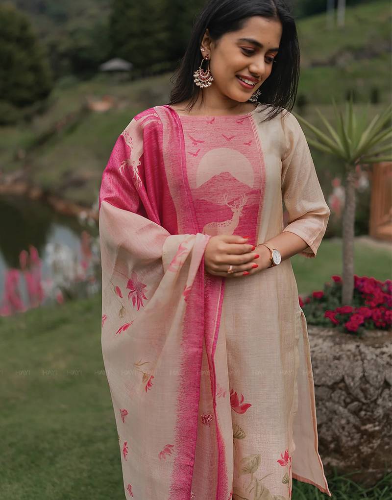 Cream zarna silk printed kurta pant set