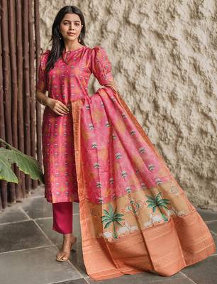 Rani pink french crepe printed kurta pant set 1