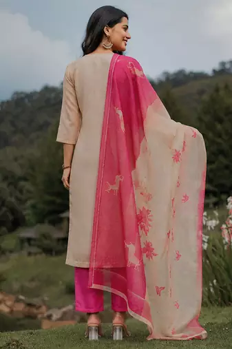 Cream zarna silk printed kurta pant set