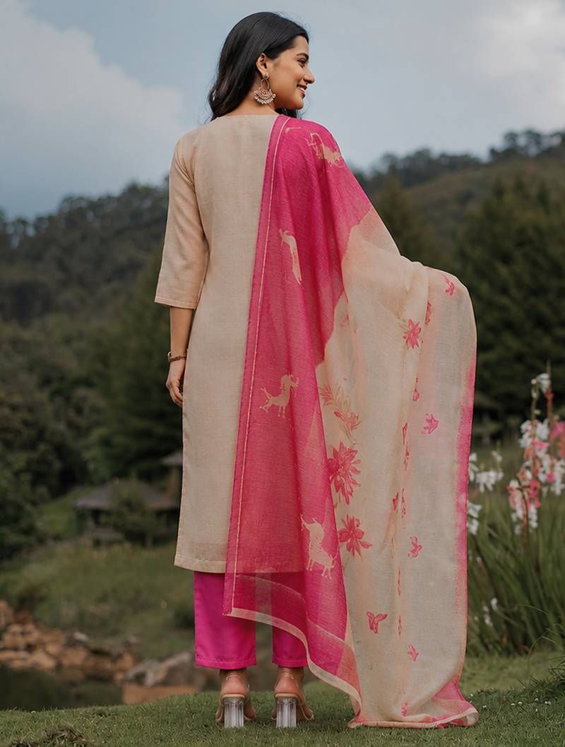 Cream zarna silk printed kurta pant set