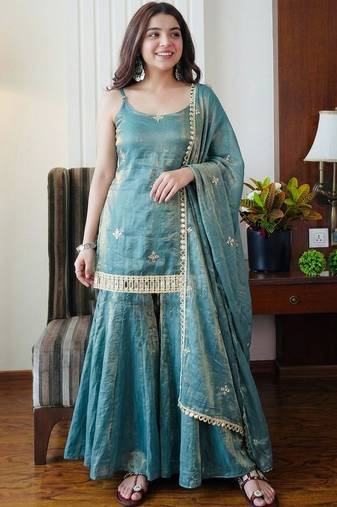 Teal fandy silk heavy thread embroidery work kurta sharara set
