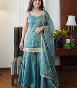 Teal fandy silk heavy thread embroidery work kurta sharara set