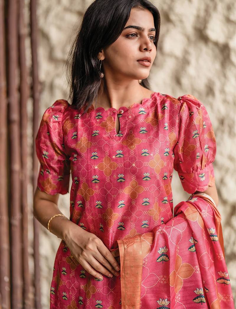 Rani pink french crepe printed kurta pant set