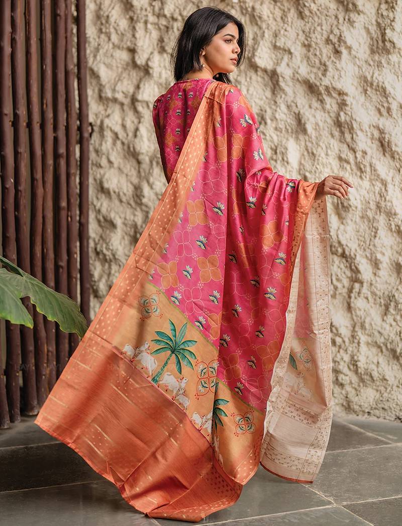 Rani pink french crepe printed kurta pant set