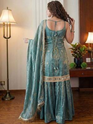 Teal fandy silk heavy thread embroidery work kurta sharara set 4