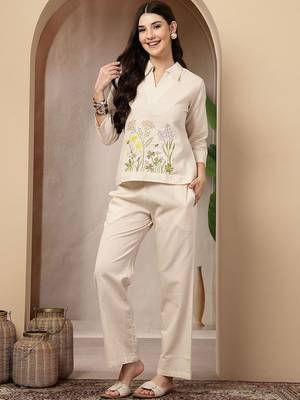Off white cotton heavy thread embroidery work co-ord set 1
