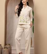 Off white cotton heavy thread embroidery work co-ord set