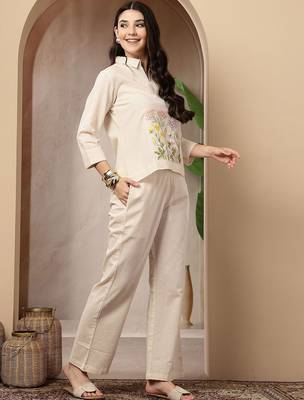 Off white cotton heavy thread embroidery work co-ord set 2
