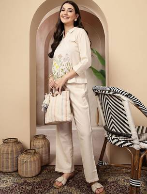 Off white cotton heavy thread embroidery work co-ord set 3