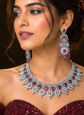royal ruby & diamond look bridal necklace set with statement earrings maang tikka 1