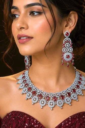 royal ruby & diamond look bridal necklace set with statement earrings maang tikka