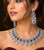 royal ruby & diamond look bridal necklace set with statement earrings maang tikka
