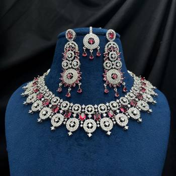 royal ruby & diamond look bridal necklace set with statement earrings maang tikka 2