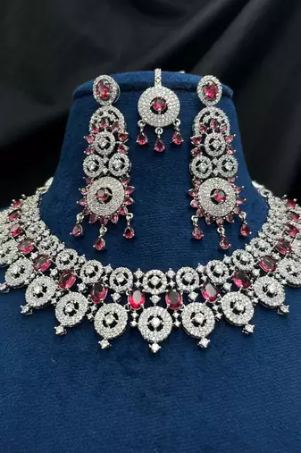 royal ruby & diamond look bridal necklace set with statement earrings maang tikka