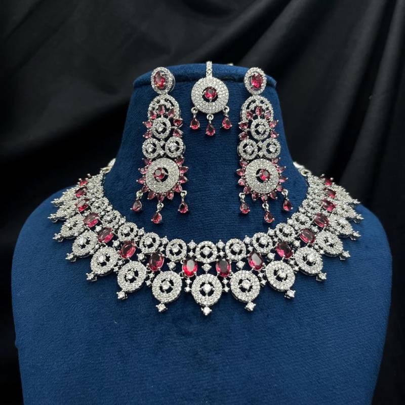 royal ruby & diamond look bridal necklace set with statement earrings maang tikka