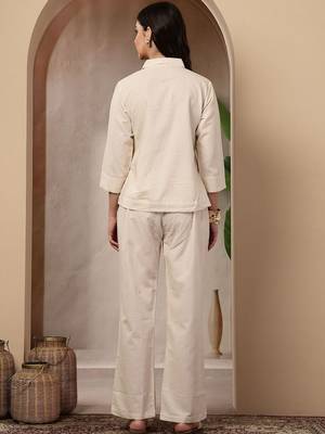 Off white cotton heavy thread embroidery work co-ord set 4