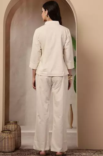 Off white cotton heavy thread embroidery work co-ord set