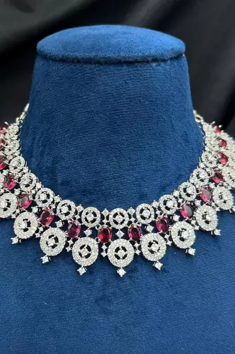 royal ruby & diamond look bridal necklace set with statement earrings maang tikka