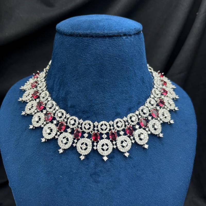 royal ruby & diamond look bridal necklace set with statement earrings maang tikka
