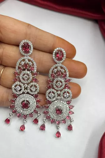 royal ruby & diamond look bridal necklace set with statement earrings maang tikka