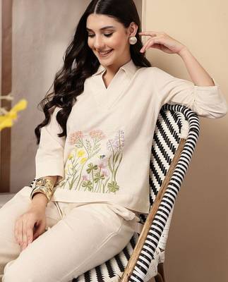 Off white cotton heavy thread embroidery work co-ord set 5