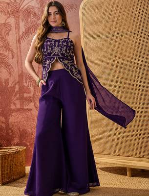 Purple georgette heavy thread embroidery work kurta with palazzo & dupatta set 2