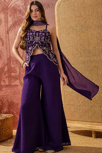 Purple georgette heavy thread embroidery work kurta with palazzo & dupatta set
