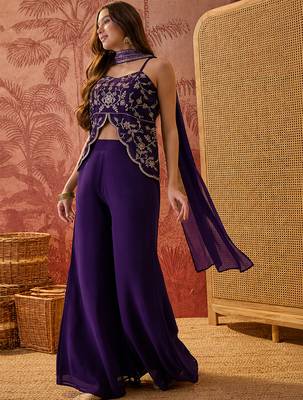 Purple georgette heavy thread embroidery work kurta with palazzo & dupatta set 3