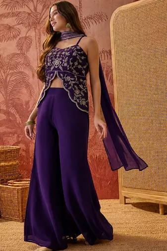 Purple georgette heavy thread embroidery work kurta with palazzo & dupatta set