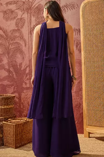 Purple georgette heavy thread embroidery work kurta with palazzo & dupatta set