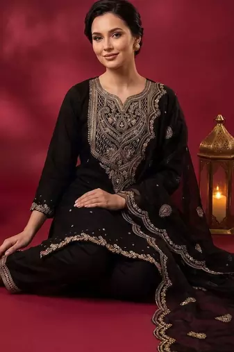 Women Ethnic Motifs Embroidered Kurta with Trousers & With Dupatta