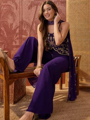 Purple georgette heavy thread embroidery work kurta with palazzo & dupatta set 5