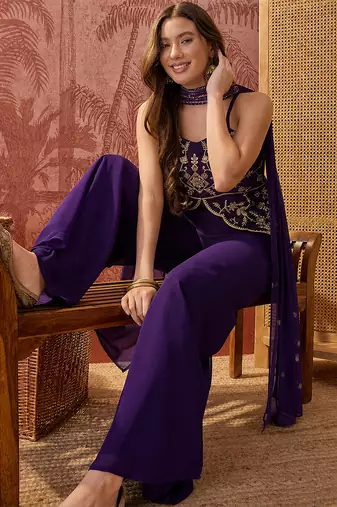 Purple georgette heavy thread embroidery work kurta with palazzo & dupatta set