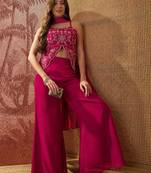 Rani pink georgette heavy thread embroidery work kurta with palazzo & dupatta set