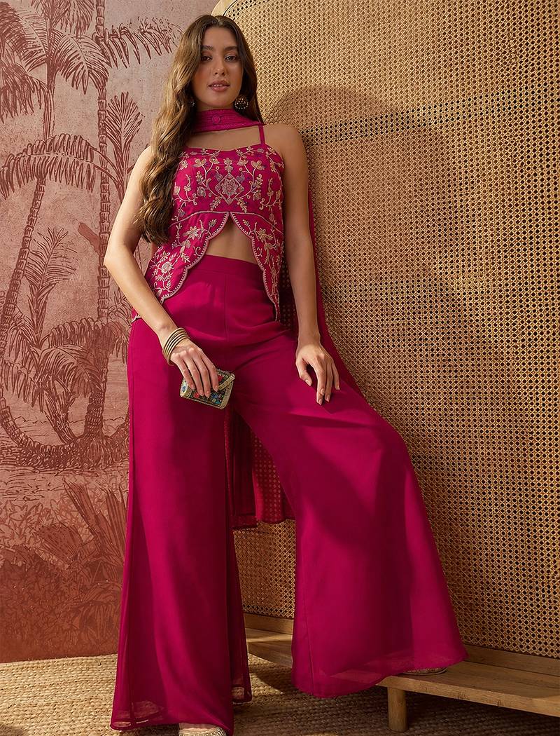 Rani pink georgette heavy thread embroidery work kurta with palazzo & dupatta set