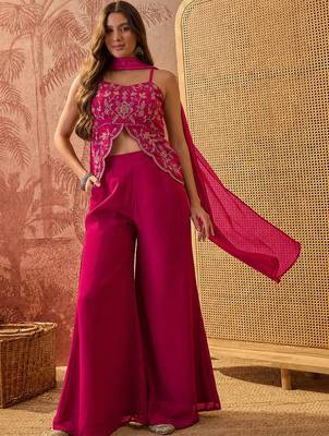 Rani pink georgette heavy thread embroidery work kurta with palazzo & dupatta set 2