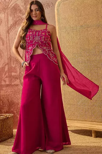 Rani pink georgette heavy thread embroidery work kurta with palazzo & dupatta set