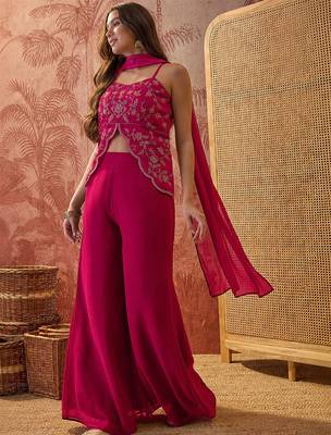 Rani pink georgette heavy thread embroidery work kurta with palazzo & dupatta set 3