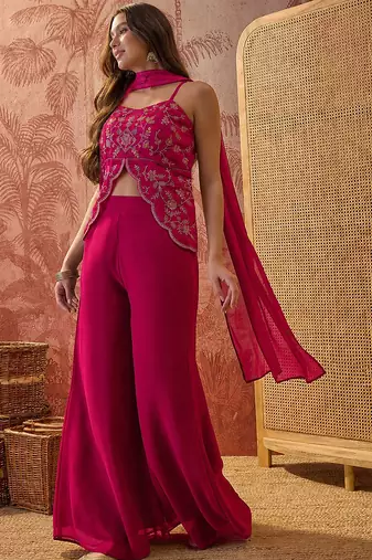Rani pink georgette heavy thread embroidery work kurta with palazzo & dupatta set