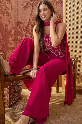 Rani pink georgette heavy thread embroidery work kurta with palazzo & dupatta set