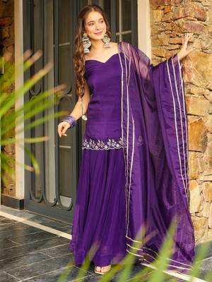 Purple rangoli silk embroidery lace border work kurta palazzo set 1