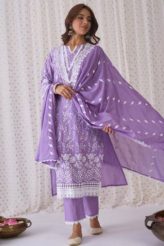 Women Ethnic Motifs Embroidered Thread Work Cotton Kurta with Trousers & With Dupatta