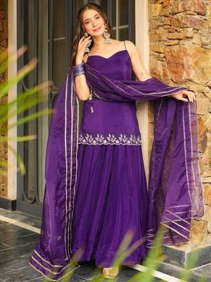 Purple rangoli silk embroidery lace border work kurta palazzo set 2