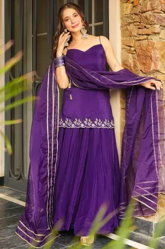 Purple rangoli silk embroidery lace border work kurta palazzo set