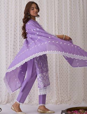 Women Ethnic Motifs Embroidered Thread Work Cotton Kurta with Trousers & With Dupatta 3