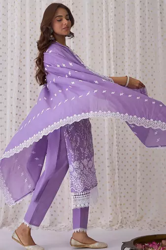 Women Ethnic Motifs Embroidered Thread Work Cotton Kurta with Trousers & With Dupatta